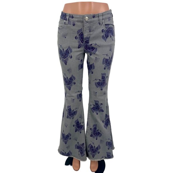 NWOT Free People Mid-Rise Floral Bell Bottom Jeans • Boho 70s Groovy Flare 32 - Picture 3 of 16